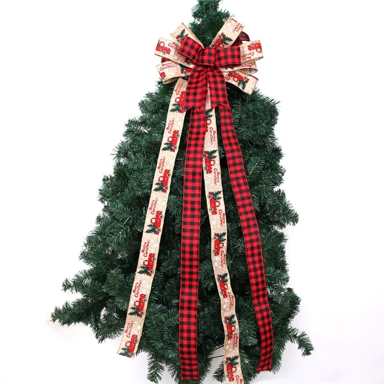Christmas Large Bow Red Khaki Plaid Linen Bowknot Xmas Tree Topper Ornament Party Decor