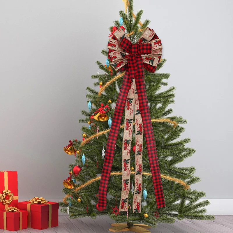 Christmas Large Bow Red Khaki Plaid Linen Bowknot Xmas Tree Topper Ornament Party Decor