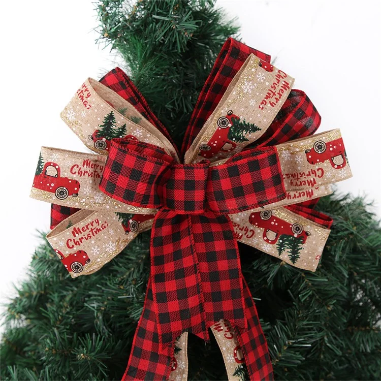 Christmas Large Bow Red Khaki Plaid Linen Bowknot Xmas Tree Topper Ornament Party Decor