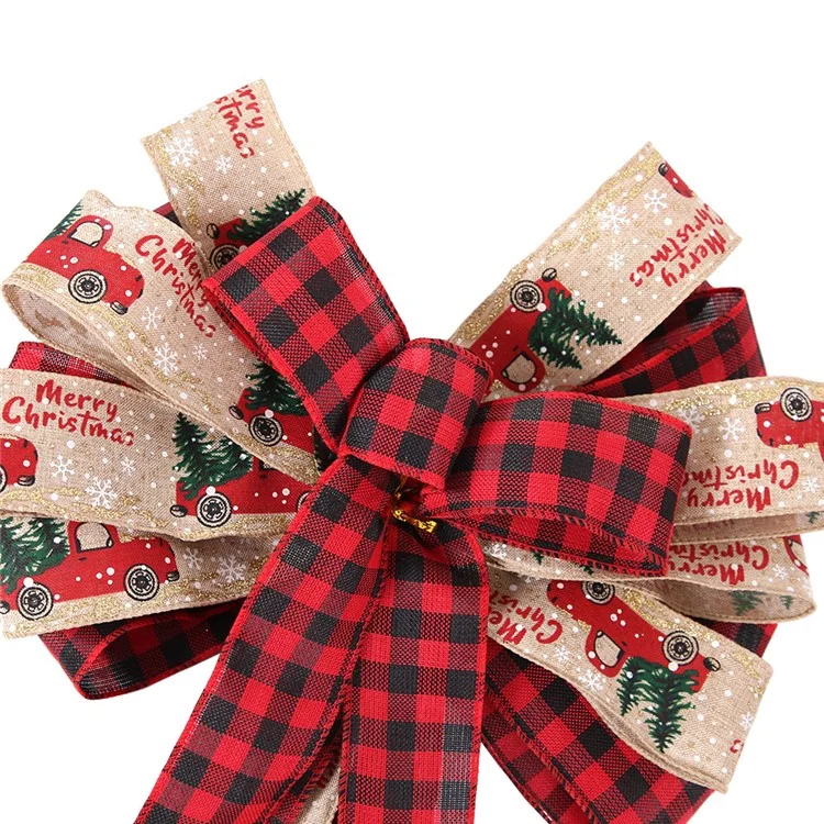 Christmas Large Bow Red Khaki Plaid Linen Bowknot Xmas Tree Topper Ornament Party Decor