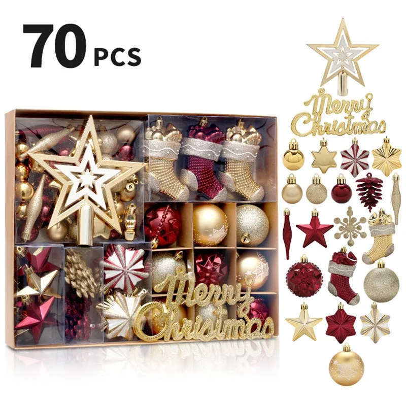 70Pcs / Set Plastic Christmas Ball Star Ornaments for Xmas Trees, Home Party, Festival, Wedding Party - Red+Gold