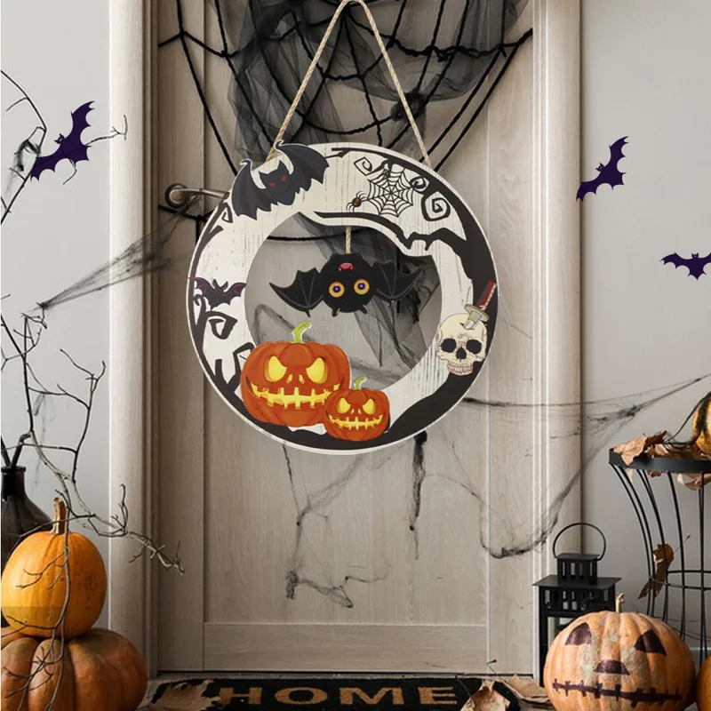 Halloween Wooden Hanging Ornament Pumpkin Bat Ghost Door Wall Party Decoration - Bat