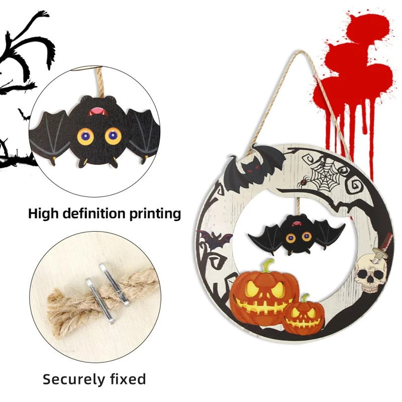 Halloween Wooden Hanging Ornament Pumpkin Bat Ghost Door Wall Party Decoration - Bat