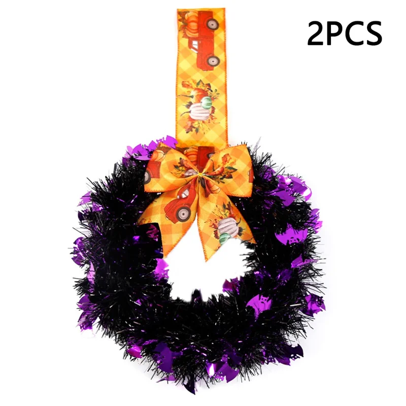 2Pcs / Set Halloween Wreath Bow Tinsel Wreath Front Door Wall Hanging Decoration - Bat