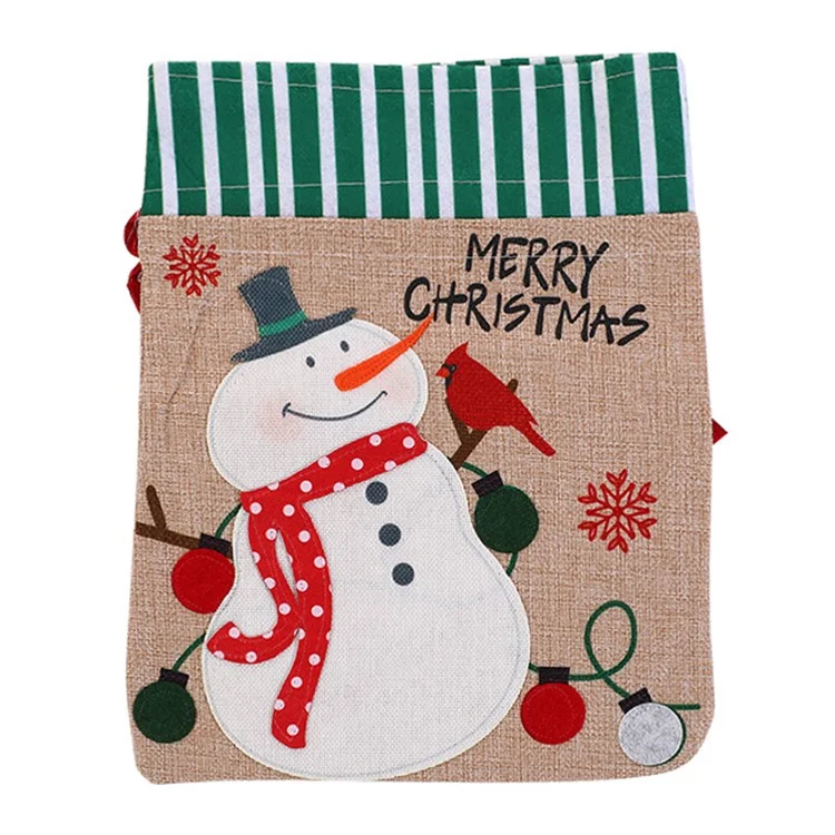 Christmas Drawstring Gift Bags Snowman Pattern Fabric Wrapping Bag with Ribbon Tie for Xmas Holiday