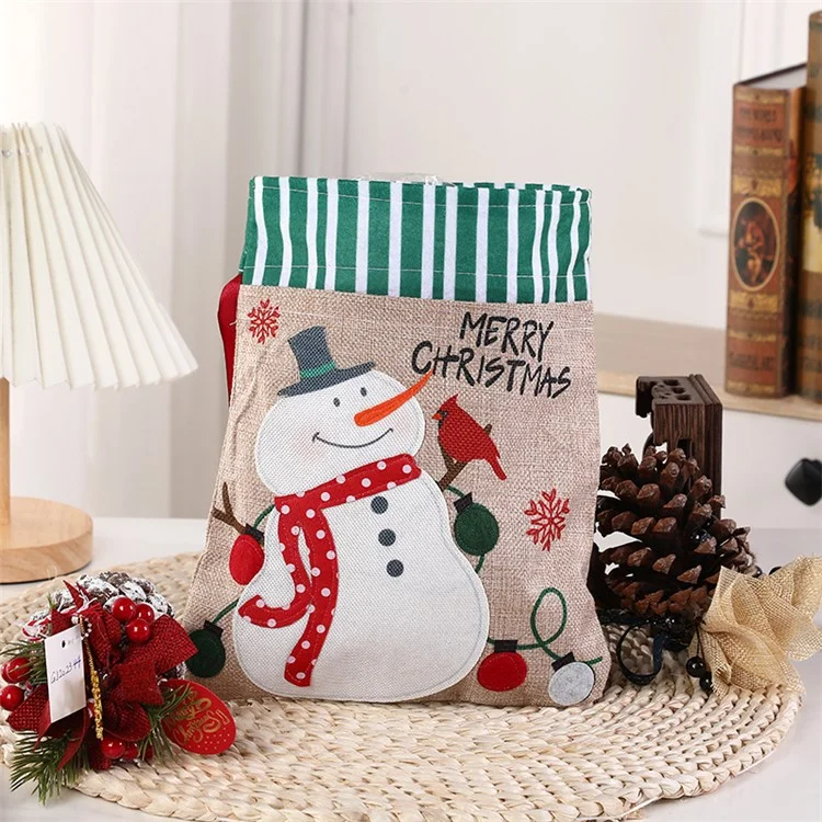 Christmas Drawstring Gift Bags Snowman Pattern Fabric Wrapping Bag with Ribbon Tie for Xmas Holiday