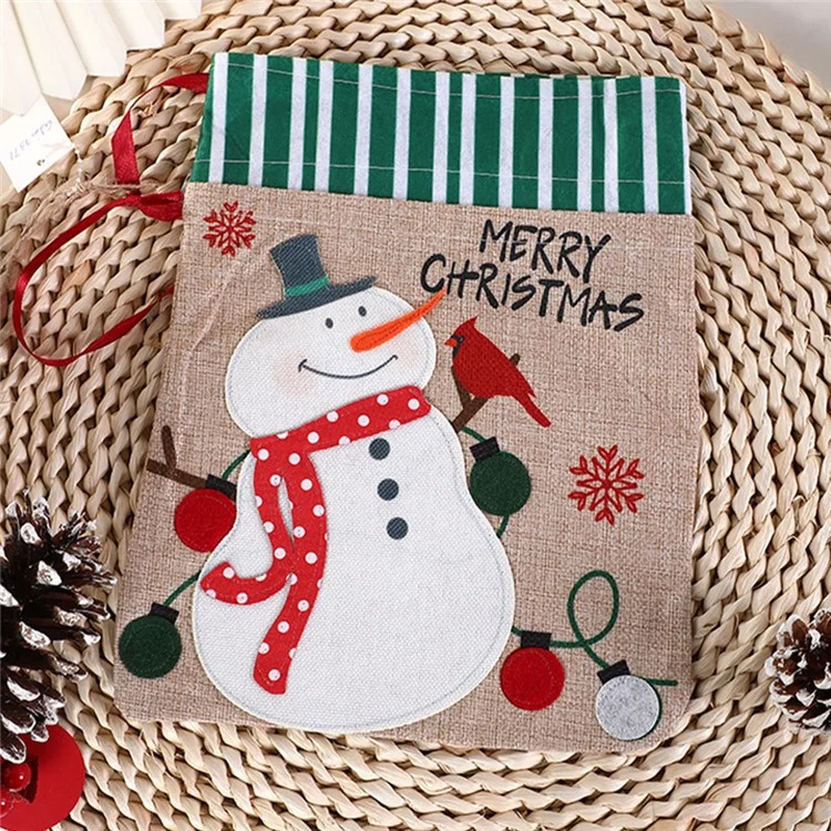 Christmas Drawstring Gift Bags Snowman Pattern Fabric Wrapping Bag with Ribbon Tie for Xmas Holiday