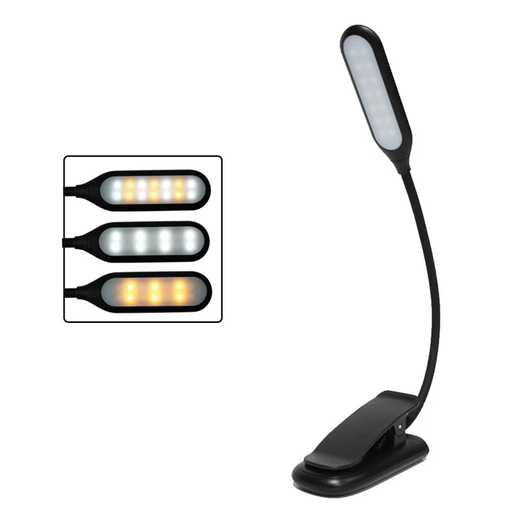 CN1001 Rechargeable LED Clip-on Book Light 3 Color Temperature ABS Reading Lamp - Black