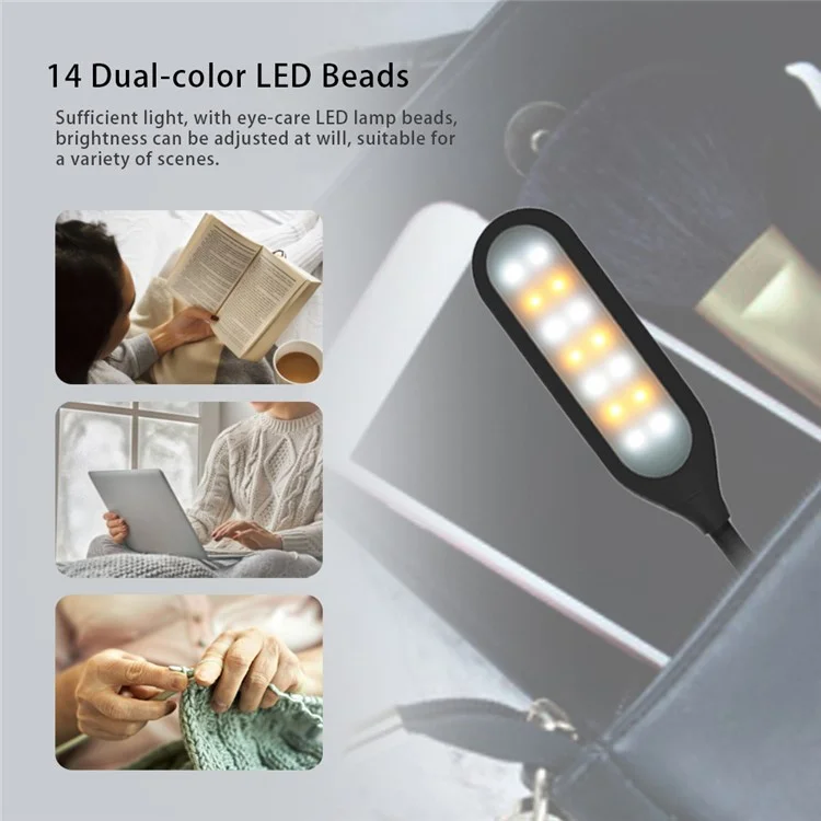 CN1001 Rechargeable LED Clip-on Book Light 3 Color Temperature ABS Reading Lamp - Black
