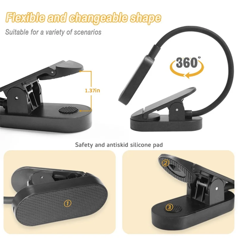 ST-8036 Rechargeable Clip-on LED Light 3 Color Temperature Dimmable ABS Reading Lamp