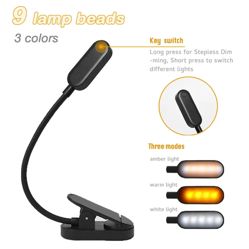 ST-8036 Rechargeable Clip-on LED Light 3 Color Temperature Dimmable ABS Reading Lamp