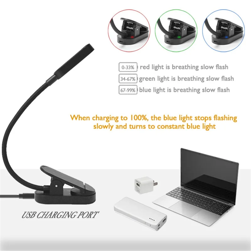 ST-8036 Rechargeable Clip-on LED Light 3 Color Temperature Dimmable ABS Reading Lamp