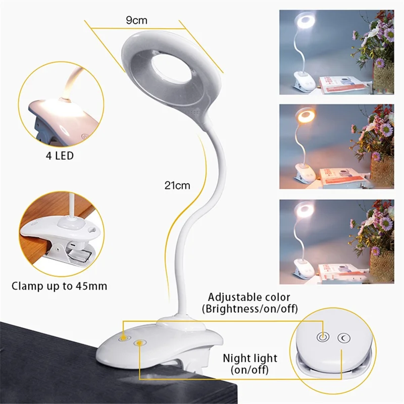 ST-8030 Clip-on LED Light 3 Color Temperature Touch Control Rechargeable ABS Reading Lamp