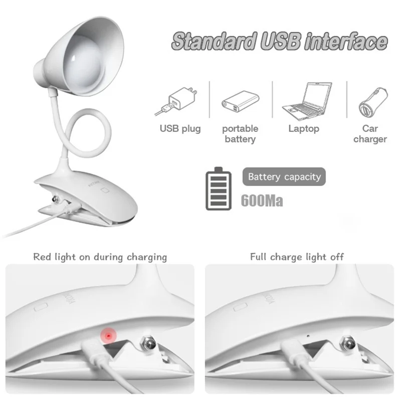 8013F Adjustable Hose Clip-on LED Table Light 3 Brightness USB Charging Reading Lamp