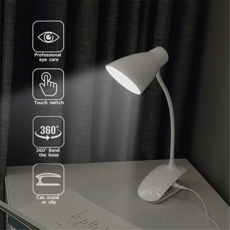 8013F Adjustable Hose Clip-on LED Table Light 3 Brightness USB Charging Reading Lamp