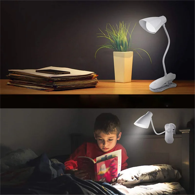 ST-8018F Flexible Hose Clip Base LED Table Light 3 Brightness USB Charging Student Reading Lamp