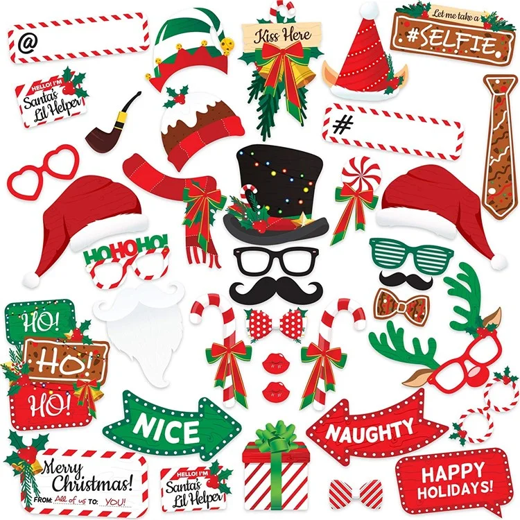 38 pezzi / Set di accessori fotografici natalizi Kit Santa Hat Lips Beard Glasses Birthday Party Supplies
