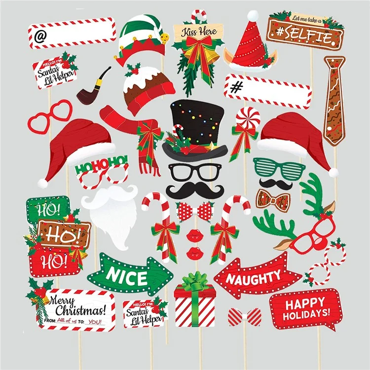 38 pezzi / Set di accessori fotografici natalizi Kit Santa Hat Lips Beard Glasses Birthday Party Supplies