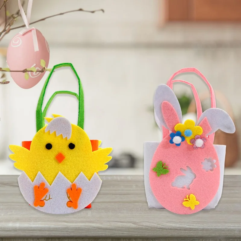 2Pcs Easter Basket Felt DIY Tote Candy Bag for Storing Easter Eggs Toys Gifts Festival Supplies - Eggshell Chick