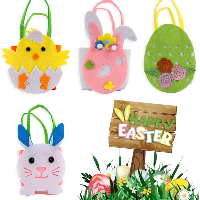 2Pcs Easter Basket Felt DIY Tote Candy Bag for Storing Easter Eggs Toys Gifts Festival Supplies - Eggshell Chick