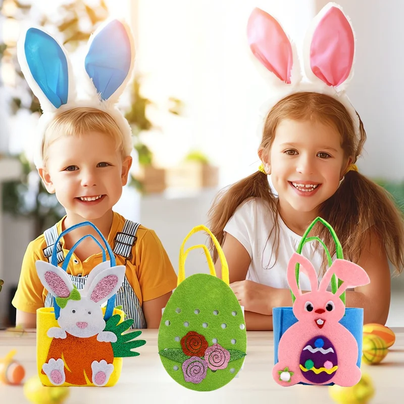 2Pcs Easter Basket Felt DIY Tote Candy Bag for Storing Easter Eggs Toys Gifts Festival Supplies - Eggshell Chick