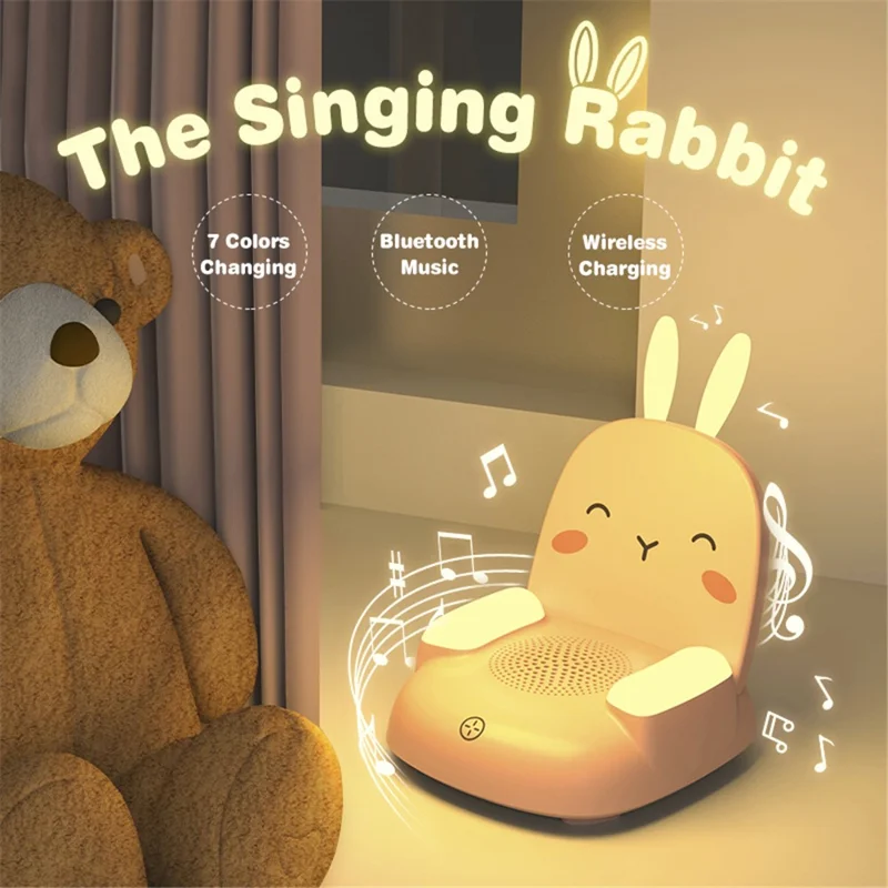 TB-99SLIWBT Rabbit Design 7 Color Ambient Light Bluetooth-compatible Speaker Night Light Table Lamp with 15W Wireless Charging - White