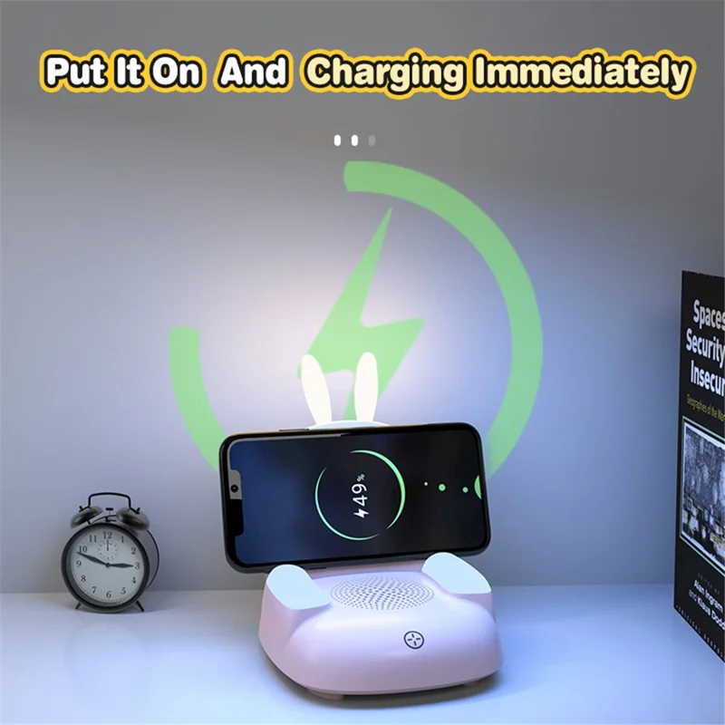 TB-99SLIWBT Rabbit Design 7 Color Ambient Light Bluetooth-compatible Speaker Night Light Table Lamp with 15W Wireless Charging - White