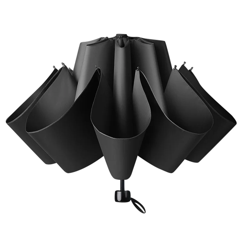 Windproof 12 Ribs Tri-fold Folding Umbrella Automatic Sunshade Umbrella - Black