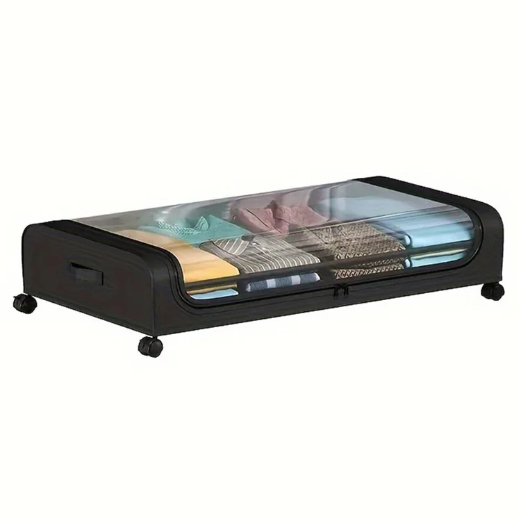 Under Bed Storage Wheels Design Clothes Container Shoe Organizer with Clear Window - Black