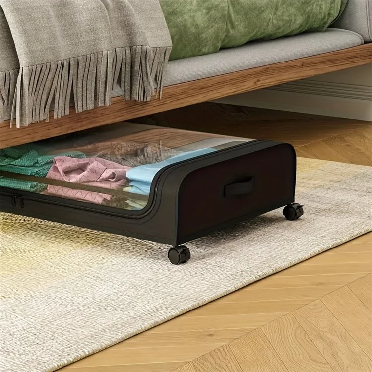 Under Bed Storage Wheels Design Clothes Container Shoe Organizer with Clear Window - Black