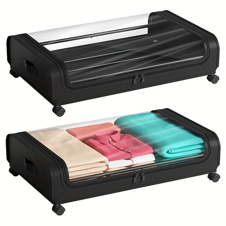 Under Bed Storage Wheels Design Clothes Container Shoe Organizer with Clear Window - Black
