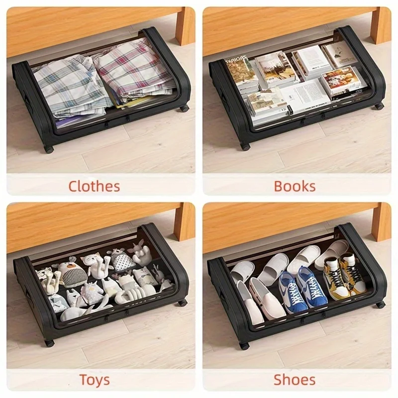 Under Bed Storage Wheels Design Clothes Container Shoe Organizer with Clear Window - Black