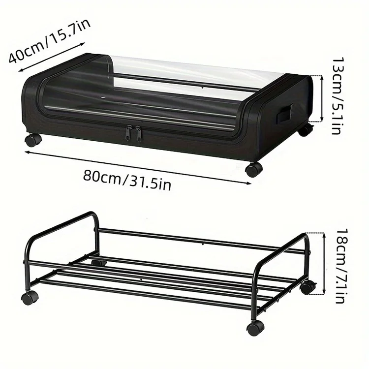 Under Bed Storage Wheels Design Clothes Container Shoe Organizer with Clear Window - Black