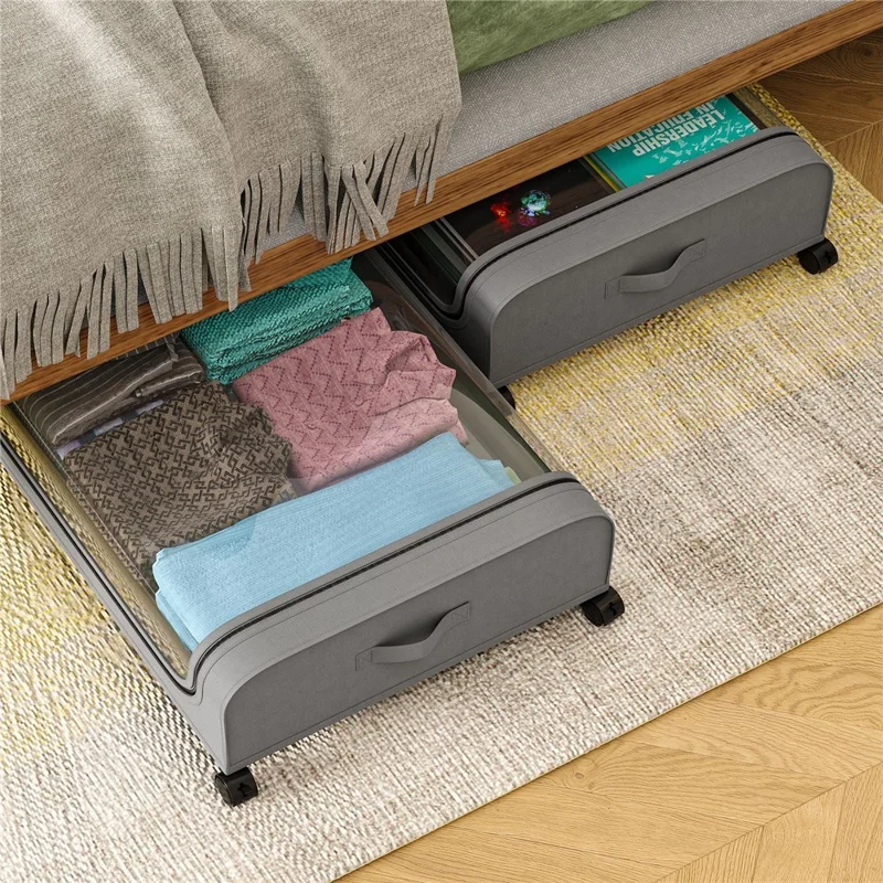 Under Bed Storage Wheels Design Clothes Container Shoe Organizer with Clear Window - Grey