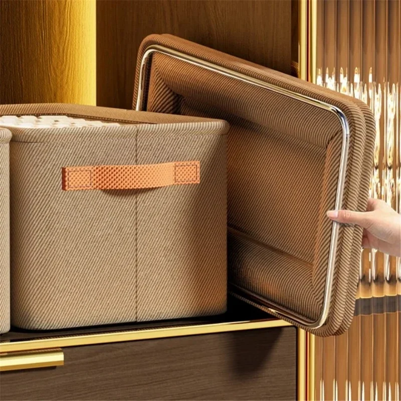 Non-Woven Fabric Steel Frame Clothes Storage Basket with Handles Home Wardrobe Organizer, Size M: 35x25x22cm - Khaki