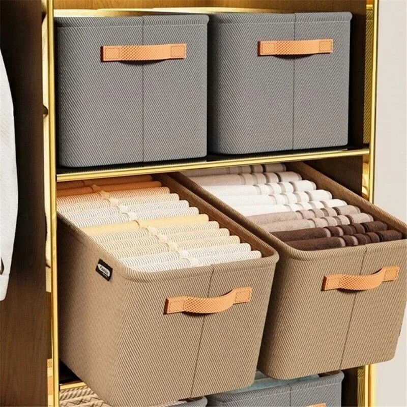 Non-Woven Fabric Steel Frame Clothes Storage Basket with Handles Home Wardrobe Organizer, Size M: 35x25x22cm - Khaki