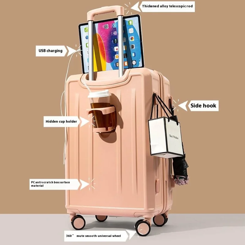 22-inch Stylish Suitcase Universal Wheels Travel Password Trolley Case with Cup Holder and USB Port - Black