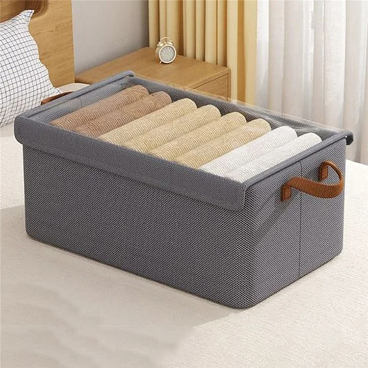 Foldable Steel Frame Cationic Cloth Clothes Storage Box with Lid Closet Wardrobe Dustproof Organizer - Grey