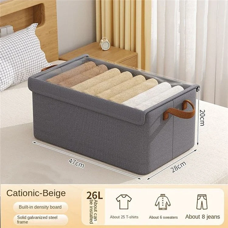 Foldable Steel Frame Cationic Cloth Clothes Storage Box with Lid Closet Wardrobe Dustproof Organizer - Grey