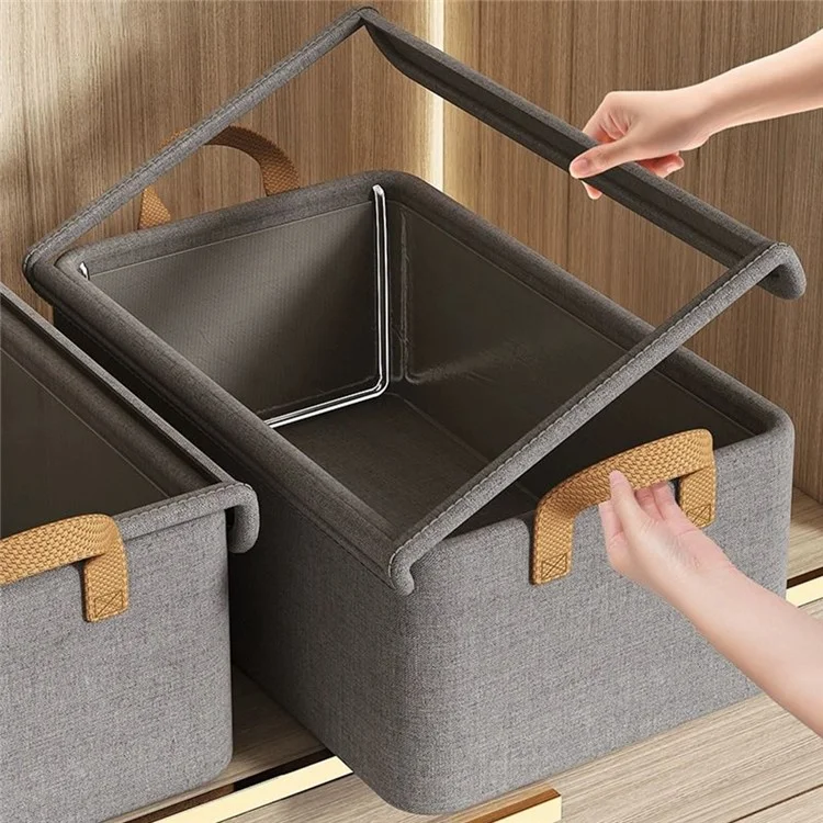 Foldable Steel Frame Cationic Cloth Clothes Storage Box with Lid Closet Wardrobe Dustproof Organizer - Grey