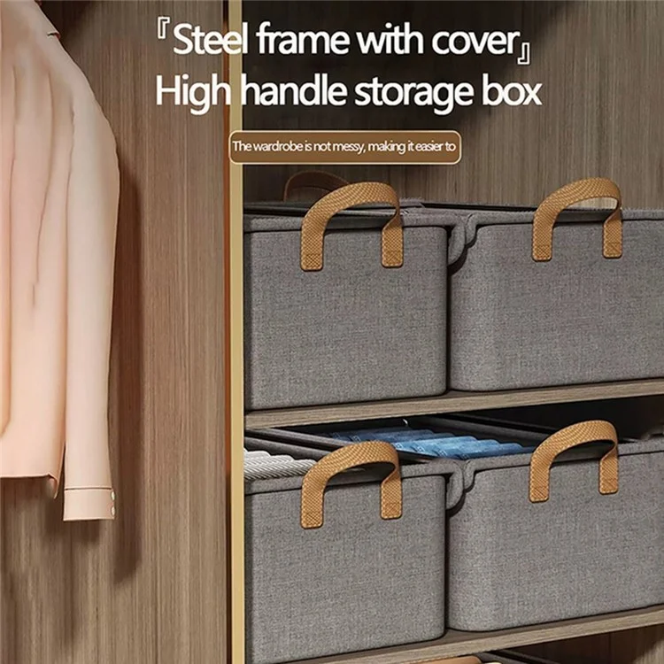 Foldable Steel Frame Cationic Cloth Clothes Storage Box with Lid Closet Wardrobe Dustproof Organizer - Grey