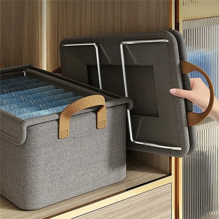 Foldable Steel Frame Cationic Cloth Clothes Storage Box with Lid Closet Wardrobe Dustproof Organizer - Grey