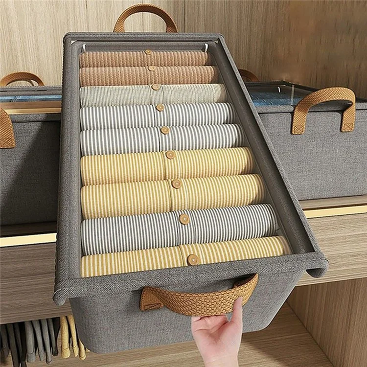 Foldable Steel Frame Cationic Cloth Clothes Storage Box with Lid Closet Wardrobe Dustproof Organizer - Grey