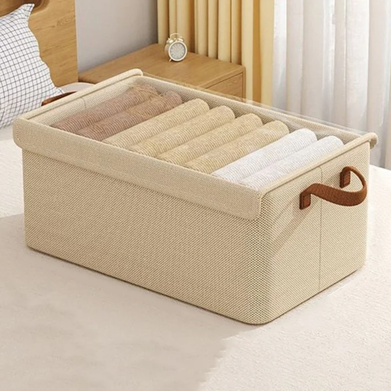Foldable Steel Frame Cationic Cloth Clothes Storage Box with Lid Closet Wardrobe Dustproof Organizer - Beige