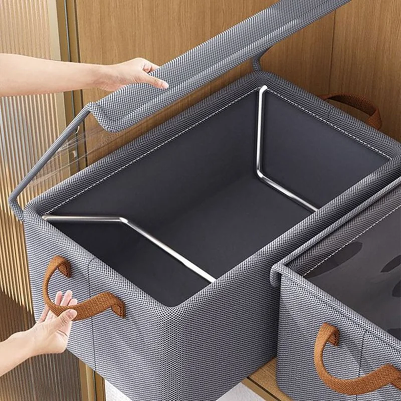 Foldable Steel Frame Cationic Cloth Clothes Storage Box with Lid Closet Wardrobe Dustproof Organizer - Beige