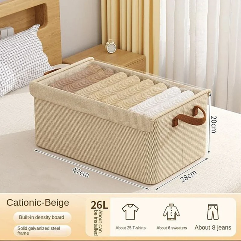 Foldable Steel Frame Cationic Cloth Clothes Storage Box with Lid Closet Wardrobe Dustproof Organizer - Beige