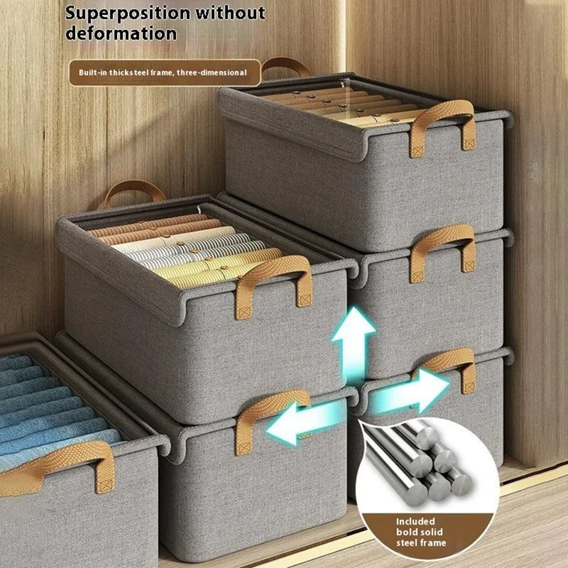 Foldable Steel Frame Cationic Cloth Clothes Storage Box with Lid Closet Wardrobe Dustproof Organizer - Beige