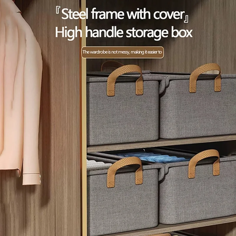 Foldable Steel Frame Cationic Cloth Clothes Storage Box with Lid Closet Wardrobe Dustproof Organizer - Beige