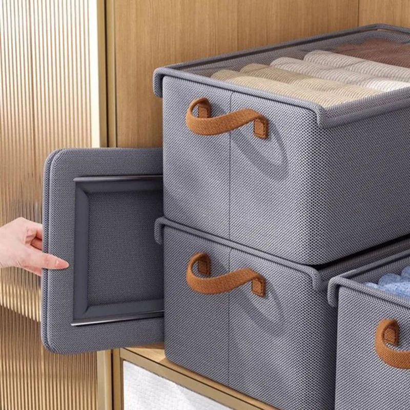 Foldable Steel Frame Cationic Cloth Clothes Storage Box with Lid Closet Wardrobe Dustproof Organizer - Beige