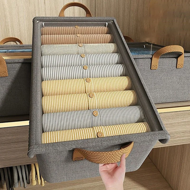 Foldable Steel Frame Cationic Cloth Clothes Storage Box with Lid Closet Wardrobe Dustproof Organizer - Beige